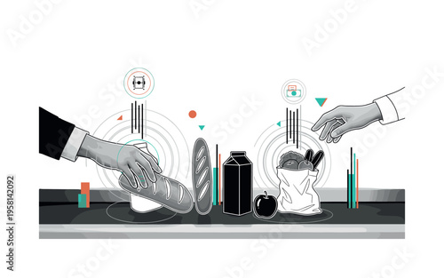 black and white customer placing groceries onto checkout conveyor belt, white contour outline around the hands and items, layered circular halos and vertical