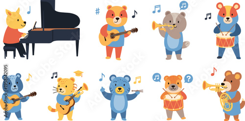 Cute animal musicians set with bear, cat and dog playing piano, guitar, trumpet and drums, cartoon music band vector illustration collection