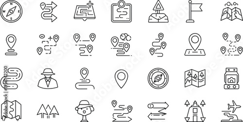 Travel and navigation icons set with maps, routes, location pins, compass and tourism symbols outline vector illustration collection
