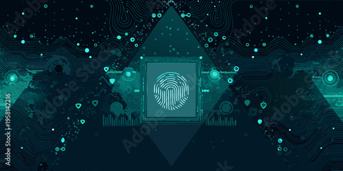 Abstract digital background featuring a fingerprint within a technological structure