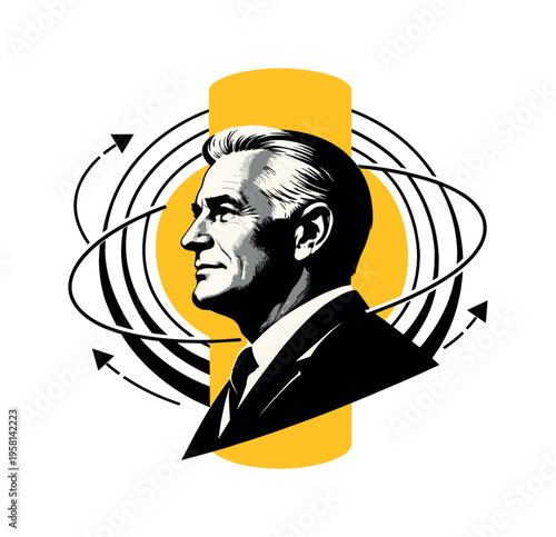 black and white retro portrait of a confident mentor in profile, surrounded by concentric circular lines symbolizing guidance and influence, bold yellow