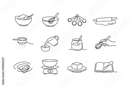 Baking Preparation Set. Minimalistic set one-line drawing bowl with flour and egg, whisk and mixing bowl, measuring spoons set, rolling pin with dough, sieve