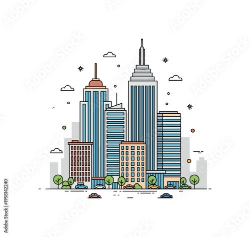 Downtown skyline architecture tall office towers and apartment buildings rising above a small street level hint with trees and tiny cars, creating a compact