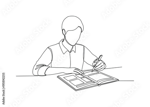 Balanced Schedule. Minimalistic one-line drawing person organizing daily planner with clear time blocks for personal priorities, continuous single black line