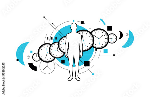 clock faces swirling around human silhouette abstract semicircles lines and geometric blocks symbolizing time travel experience black and white retro human