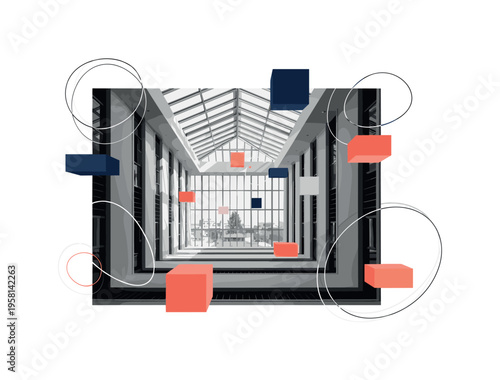 black-and-white interior atrium with large skylight panels forming geometric patterns, floating circles and arcs representing sunlight and airflow, turquoise
