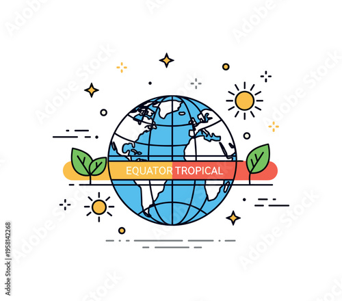 Equator tropical climate belt illustrated by a globe with a highlighted central strip surrounded by sun and leaf icons. The warm scene reflects equatorial
