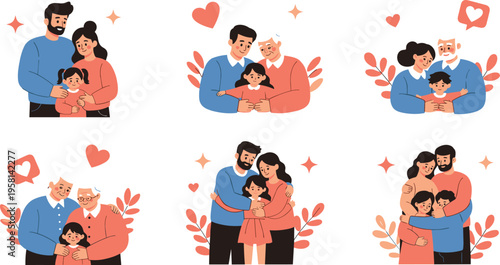 Happy family moments set with parents children and grandparents, love care and bonding scenes flat vector illustration collection for lifestyle design