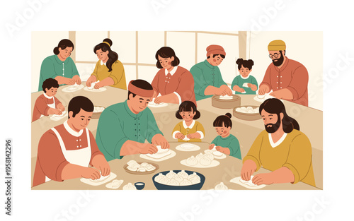Family dumpling cooking session seamless pattern, people shaping dumplings bowls of filling chopsticks and flour on tables arranged in a repeating pattern,