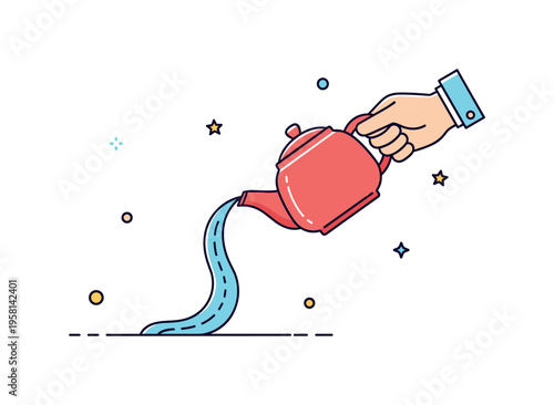 Ceremonial pouring gesture graceful hand tilting a teapot with a single flowing stream forming a subtle curve, symbolizing respect and attentiveness. A refined