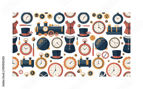 time travel Victorian era seamless pattern, pocket watches, steam engines, gears, top hats, corsets and clocks arranged in a repeating pattern, white
