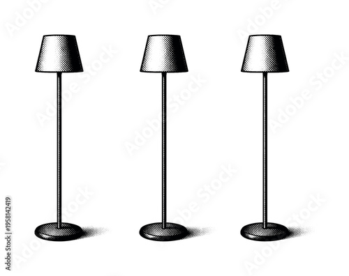Floor lamp shown as a tall standing lamp with a slim vertical pole, stable base, and simple lampshade, presented as a single object. Black and white dot style