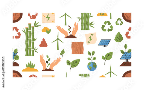 eco-friendly design motifs seamless pattern, sustainable materials, bamboo, recycled paper, wood, greenery, hands planting seeds, energy icons and