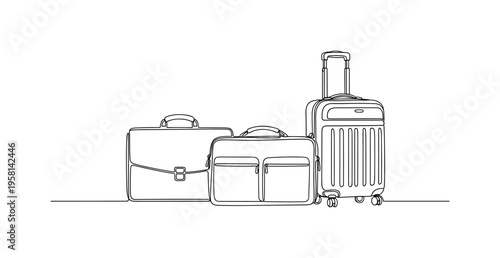 Laptop and Luggage. Minimalistic one-line drawing briefcase, laptop bag, and rolling suitcase together symbolizing business travel essentials, continuous