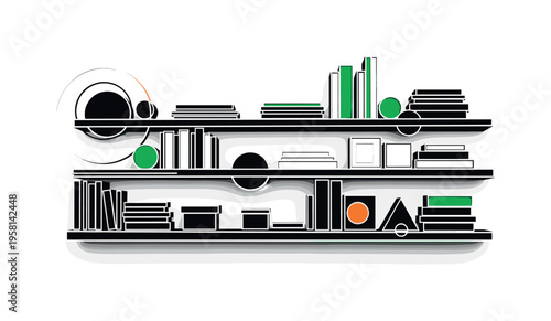 wall-mounted shelves with neatly arranged objects abstract circles lines and geometric shapes representing vertical storage solutions black and white retro