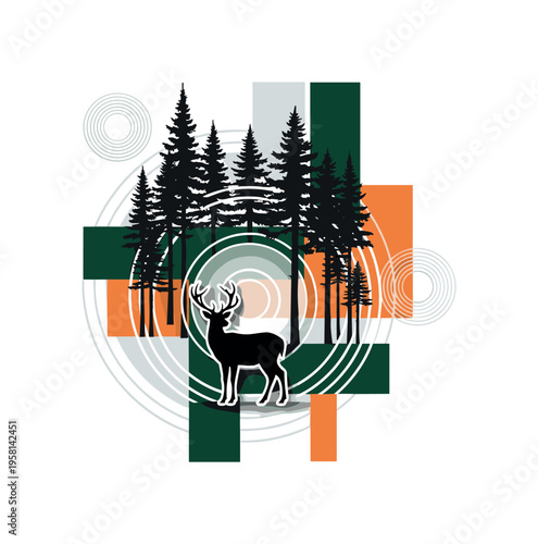 black and white deer standing calmly among tall forest trees, white cut-out outline effect, layered circular halos and geometric semicircles suggesting quiet