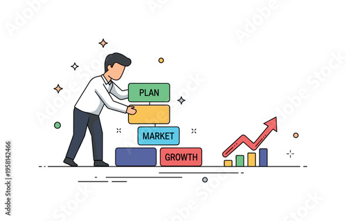 Business growth strategy entrepreneur placing blocks labeled plan, market, and growth into a balanced structure beside a small upward arrow chart. The scene