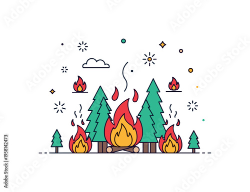 Fire forest fire with flames spreading between trees representing natural disaster, energy, and destructive force. Decorative spark icons and tiny tree and