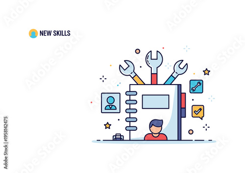 Learning new skills concept centered on a notebook and simple tool icons with a small person figure observing them. Friendly training illustration symbolizing
