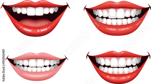 Smiling Lips and Teeth Set with Different Expressions, Glossy Red and Natural Mouth Collection Isolated on White Background for Dental and Beauty Design