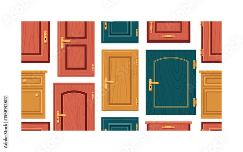 interior cabinet doors seamless pattern, various wooden doors, handles, hinges, knobs and subtle panel designs arranged in a repeating pattern, white
