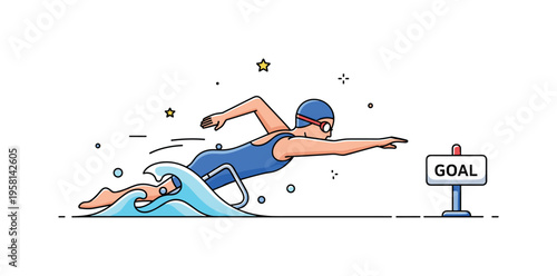 Paralympic swimming athlete cutting through stylized water waves while wearing adaptive swim gear and reaching toward a small finish marker labeled Goal. The