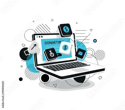 digital platform with floating donation icons abstract circles lines and geometric shapes representing online crowdfunding interface black and white retro