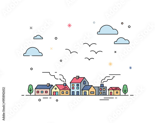 Calm skies above a small town with birds gliding gently and smoke rising softly from chimneys, reflecting peaceful daily life. Minimalist flat vector