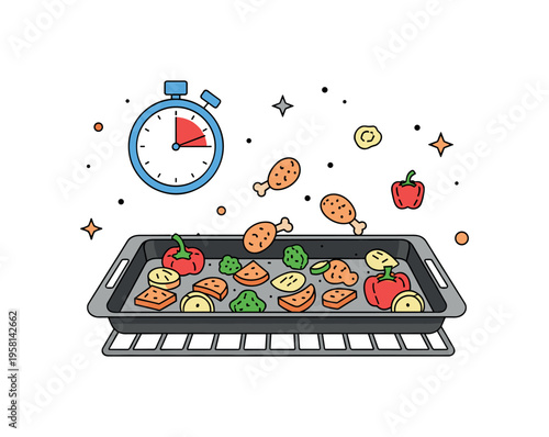 Sheet pan dinner tray with roasted vegetables and small chicken pieces placed in the oven while a simple timer icon suggests effortless cooking. The