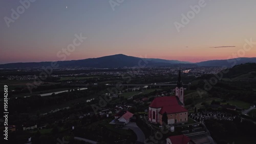 Gorca - Marijina cerkev v Malečniku - magical church near Maribor, Slovenia during sunset, Drone footage