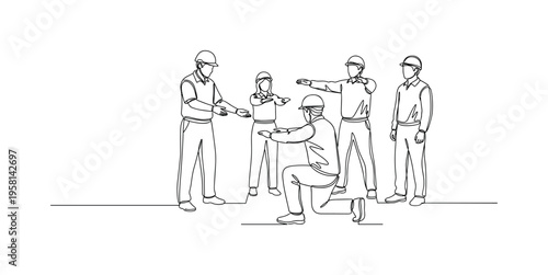 Safety Workshop. Minimalistic one-line drawing group of people practicing safety techniques under guidance of instructor, continuous single black line on white