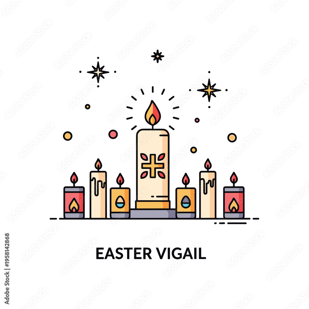 Naklejka premium Easter Vigil altar scene with Paschal candle surrounded by smaller votive candles representing sacred tradition, reflection, and the Easter celebration.