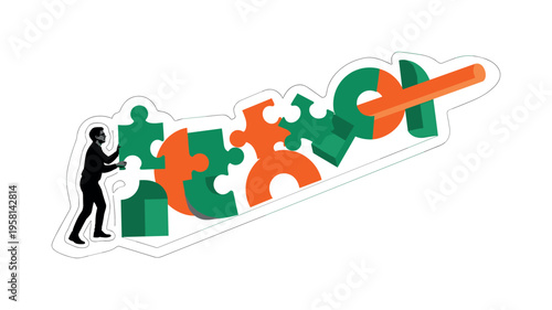 Black and white silhouette assembling oversized puzzle pieces shaped like geometric blocks, semicircles and linear beams emphasizing progress, emerald green