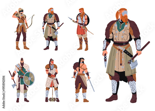 Set of vikings with weapons. Barbarians are in armor. Ancient Nordic warriors with swords, axes, and shields. Medieval Scandinavian soldiers. Flat isolated vector illustrations on white background