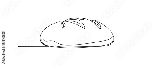 Homemade Bread Loaf. Minimalistic one-line drawing simple homemade bread loaf resting on a flat surface, continuous single black line on white background,