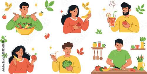 Healthy eating lifestyle with people enjoying fruits vegetables and fresh food, nutrition and wellness concept flat vector illustration set for diet and wellness design