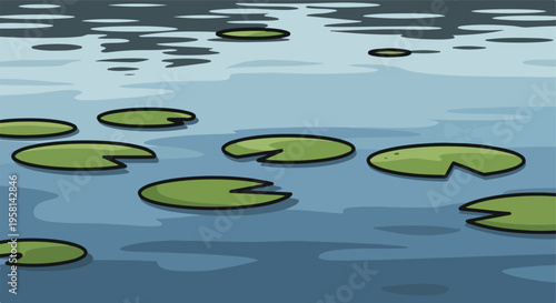 Stylized cartoon lily pads float peacefully on calm, reflective water
