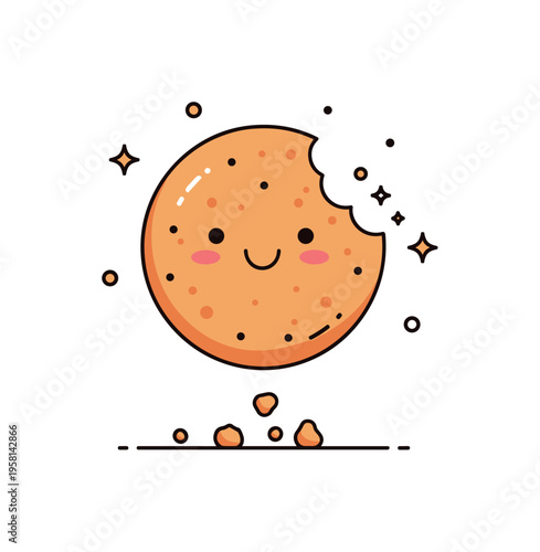 Cookie bite moment round cookie with a visible bite mark and scattered crumbs below. A playful editorial illustration expressing enjoyment and irresistible