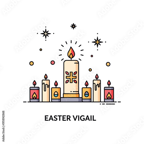 Easter Vigil altar scene with Paschal candle surrounded by smaller votive candles representing sacred tradition, reflection, and the Easter celebration.