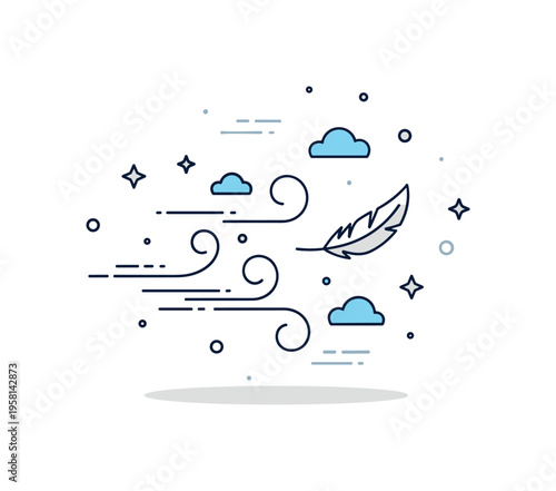Air element light swirling wind lines moving around a small floating feather and tiny cloud shapes. The scene expresses freedom, movement, and the invisible