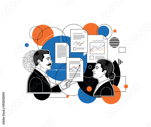 mentor reviewing portfolio with student abstract circles lines and geometric shapes representing career planning and feedback black and white retro human