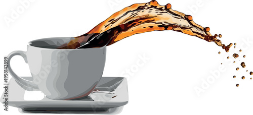 Realistic coffee splash pouring from cup with dynamic liquid motion isolated on light background for beverage advertisement and cafe design concept