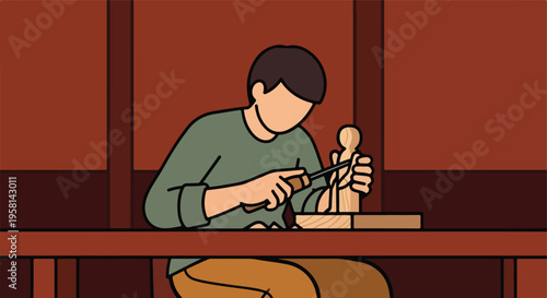 Person intently carving a wooden figurine with a chisel at a workshop table