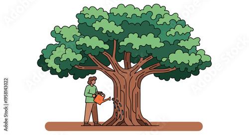 Person waters a large, leafy tree with an orange watering can