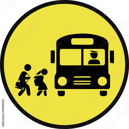 Yellow School Bus and Students Safety Warning Sign Icon