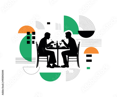couple sitting at table enjoying meal abstract semicircles lines and geometric blocks symbolizing intimate dining together black and white retro