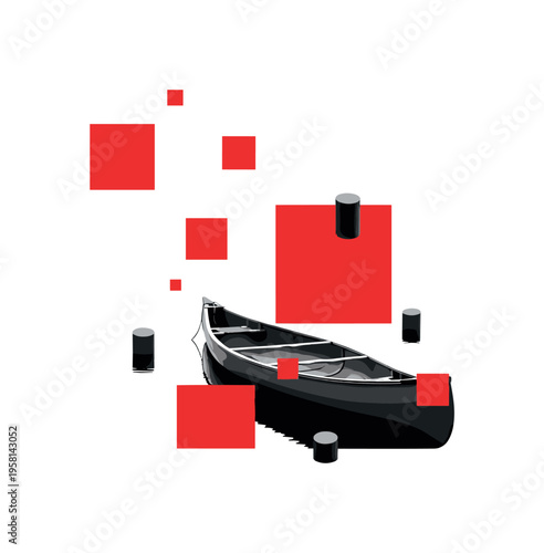 Monochrome canoe resting on calm lake surface, surrounded by floating red square accents and subtle geometric cylinders, clean structured composition with
