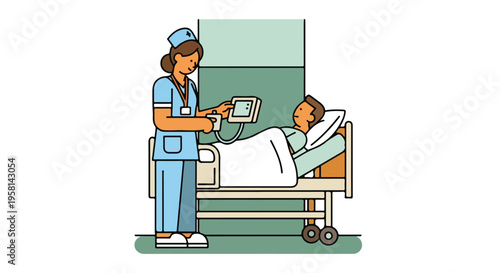 Nurse attending to patient in hospital bed with medical equipment