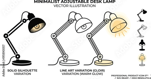 Desk lamp line drawing illustration adjustable arm light rays office workspace lighting equipment sketch style
