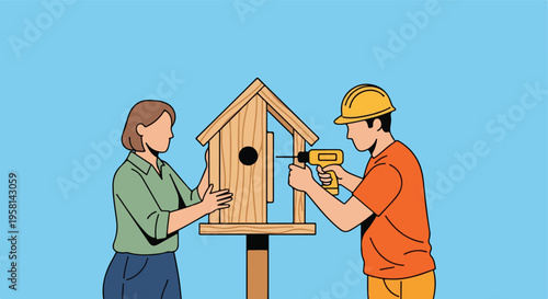 Two people building a wooden birdhouse on a bright blue background